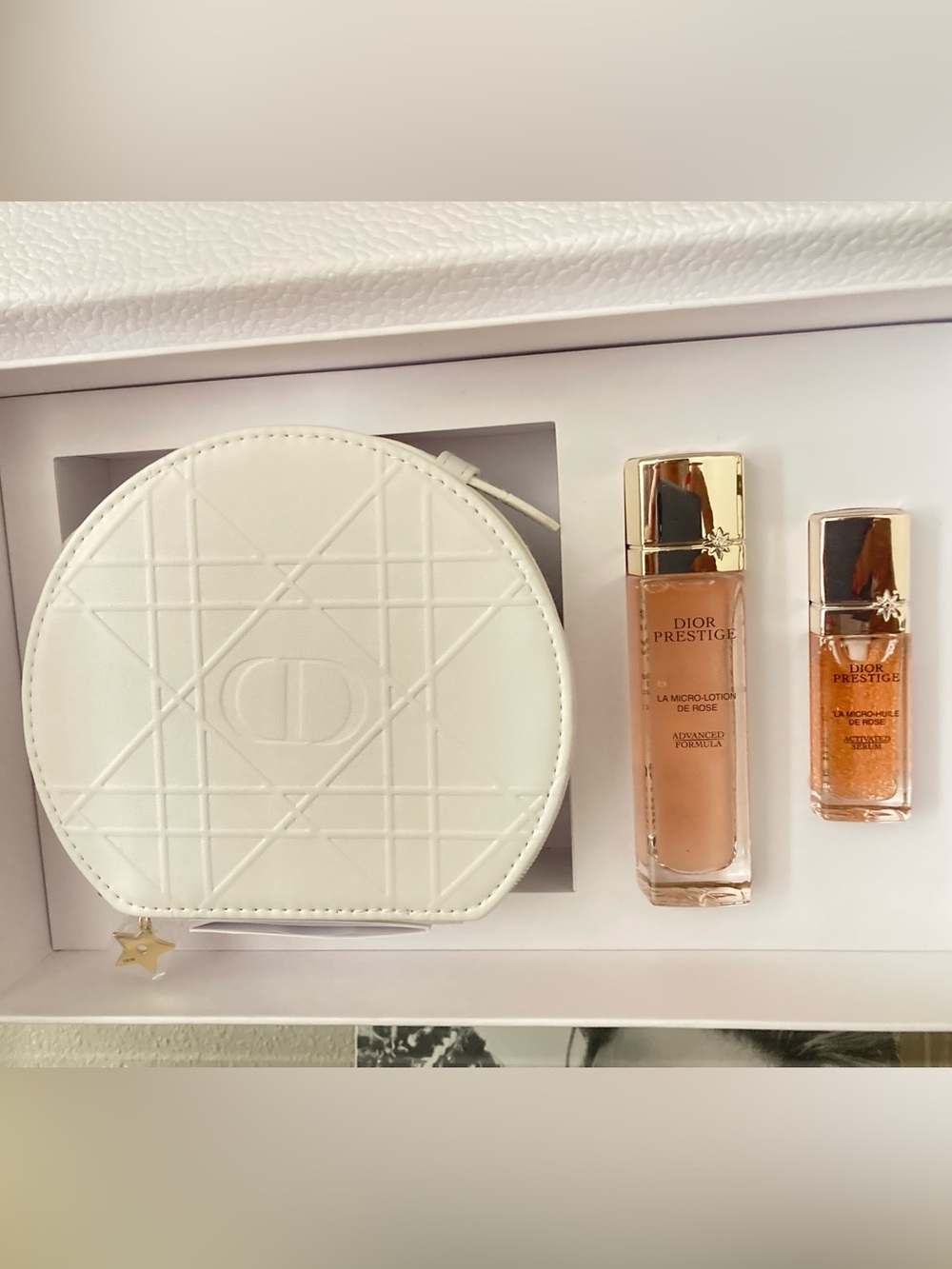 Dior Prestige Micro-Lotion de Rose in Beige with White Pouch and Gold Cap